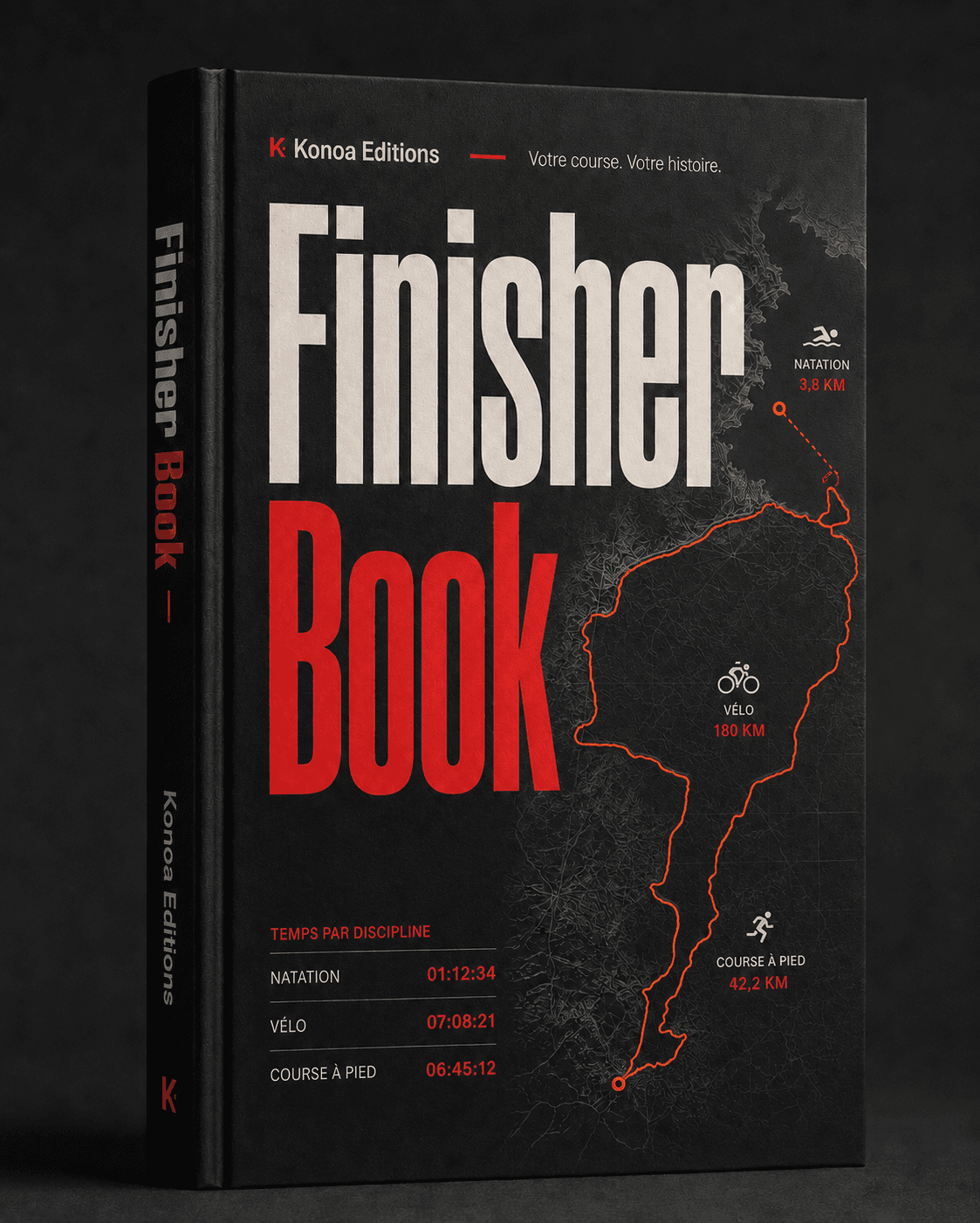 Mockup de la couverture du Finisher Book : titre condensé ivoire et rouge, tracé de course orange sur fond noir.